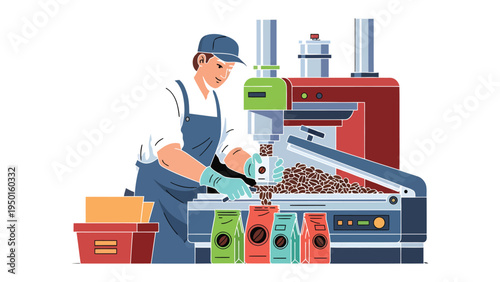 Coffee bean packaging: A worker carefully oversees the packaging of freshly roasted coffee beans, a key step in bringing the rich aroma of freshly roasted coffee to customers everywhere.
