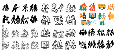 Fire safety icons with firefighter flame tree colorful