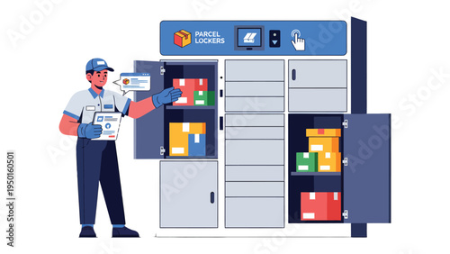 Contactless Delivery Innovation: A delivery person interacts with a secure parcel locker system, showcasing the efficiency and convenience of modern package management. 