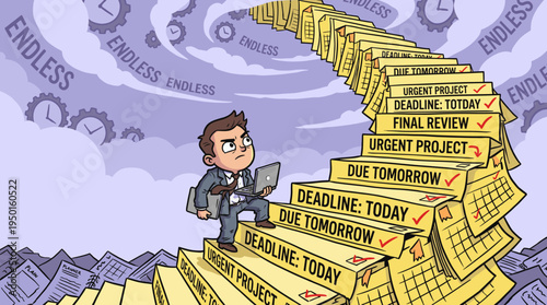 Endless deadline staircase and corporate burnout concept. Stressed businessman climbing infinite document stairs. Cartoon vector illustration