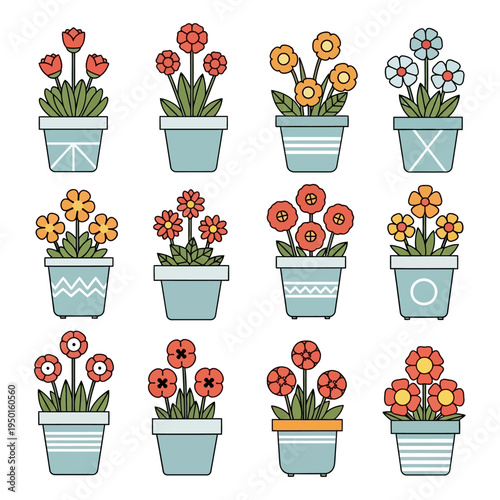 Set of 12 Potted Flowers, Vector Illustration, Flat Design, Various Colors
