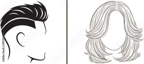 Vector line art of a stylish slicked-back undercut with a side part and a layered shoulder-length blowout. Clean silhouettes ideal for modern barbering and feminine hair salon branding.