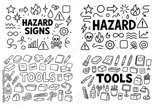 Safety icons with skull flame gear outline