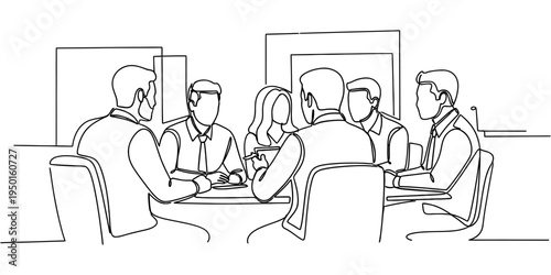Continuous one line drawing of a business team meeting and discussing in the office, teamwork and collaboration concept.