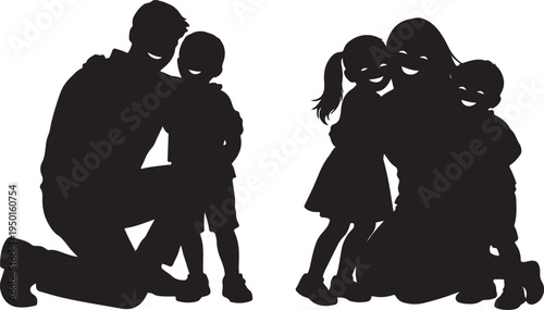 Happy family silhouette with parents and children hugging and smiling on white background