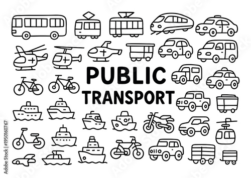 Transport icons with bus train boat flat outline