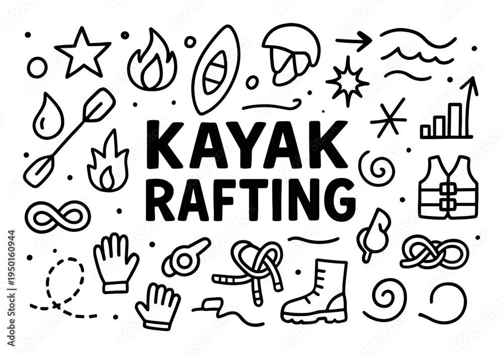 Fototapeta premium Kayak icons with paddle helmet doodle