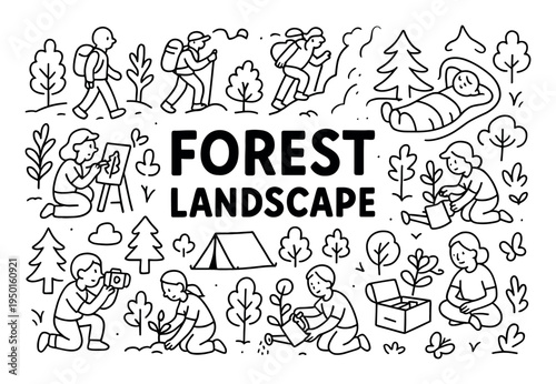Forest icons with tent backpack camera outline