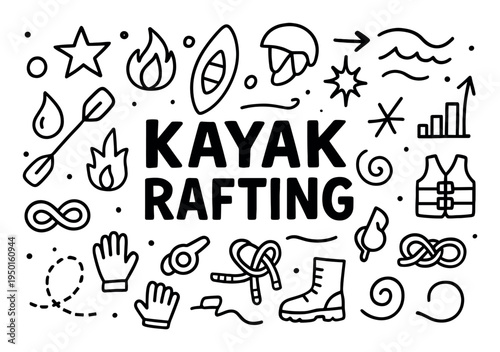 Kayak icons with paddle helmet doodle
