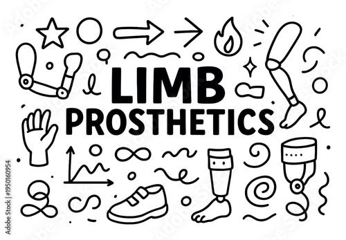 Prosthetic icons with leg arm hand doodle