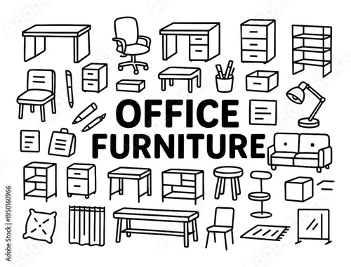Office icons with desk chair cabinet outline