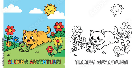  Cute Cartoon Cat and Frog on a "Sliding Adventure!" with Sun and Flowers