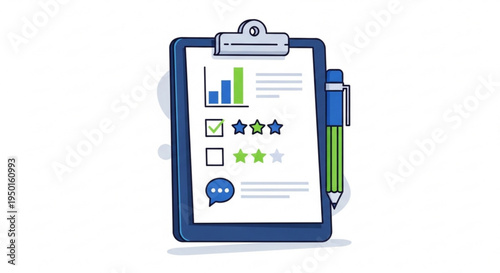 Clipboard with a survey form and a pen on a white background rating and feedback concept