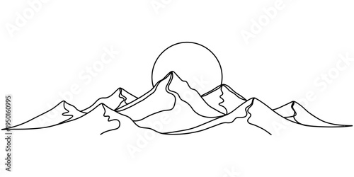 Continuous one line drawing of mountain range with sun, minimalist landscape vector illustration for nature and travel concept.