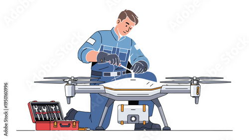 Drone Technician at Work: A skilled technician diligently repairs a drone, showcasing precision and expertise in the realm of technology. 