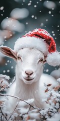 A festive holiday farm scene featuring a cheerful animal wearing a decorative Santa cap in the snow