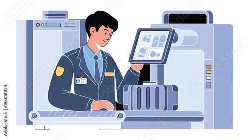 Security Checkpoint: A diligent security officer meticulously monitors an advanced screening machine, ensuring safety and vigilance.