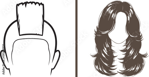 Vector illustration of a flat-top mohawk fade and long layered wavy hair. Clean line art silhouettes showcasing modern barbering and feminine styling for hair salon branding and beauty catalogs.