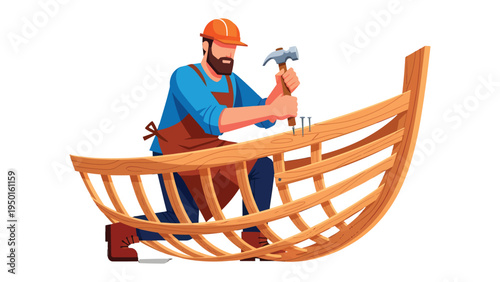 Crafting the Dream: A skilled craftsman, hammering with precision, meticulously shapes the wooden frame of a boat, embodying the art of shipbuilding.