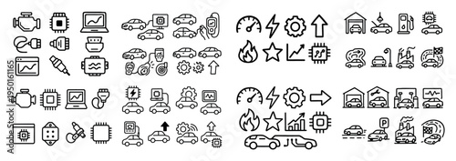 Automotive icons with car chip engine minimal