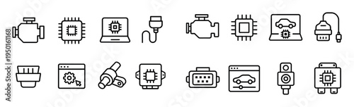 Tech icons with chip engine sensor cable outline