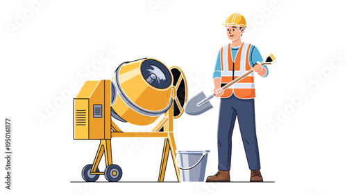 Construction worker and cement mixer: A construction worker stands beside a cement mixer, meticulously preparing the mortar for the project
