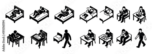Workplace icons with bed and person isometric