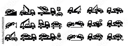 Towing icons with tow truck and car bold