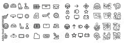 Car icons with steering wheel seat belt lock outline