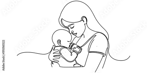 Minimalist Continuous Line Art of Mother Feeding Her Young Baby