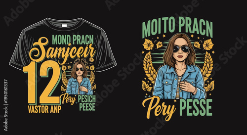 Fashionable Design Tee Illustration: An eye-catching illustration showcases a trendy t-shirt design, featuring stylized text and graphic elements, perfect for showcasing contemporary fashion.