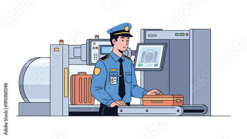 Airport Security Checkpoint: A vigilant security officer monitors the baggage screening process at an airport checkpoint, ensuring safety and vigilance. 