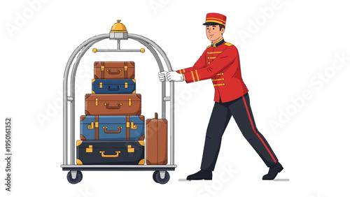 Bellhop Assistance: A distinguished bellhop, smartly attired, attentively maneuvers a luggage cart, laden with travel bags, exemplifying service and hospitality. 