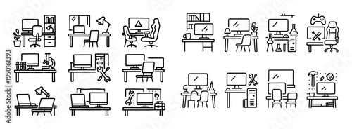 Office icons with desk chair monitor outline