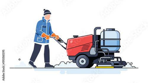 Winter Workforce at Work: A worker diligently operates a snow-clearing machine, efficiently removing snow and ensuring safe passage during the winter season.
