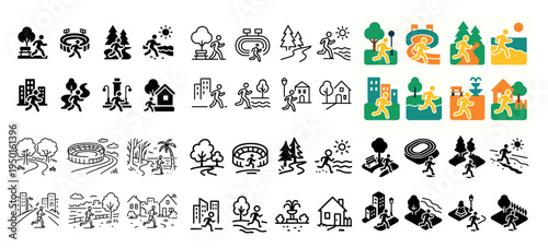 Outdoor icons with runner tree house colorful