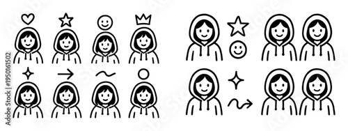 People icons with woman smile crown outline