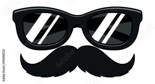 A stylized illustration of sunglasses and a mustache on a white background with bold black lines and shades.