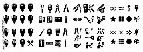 Network icons with plug cable crimper silhouette