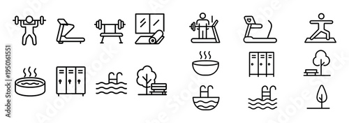 Fitness icons with treadmill dumbbell locker outline