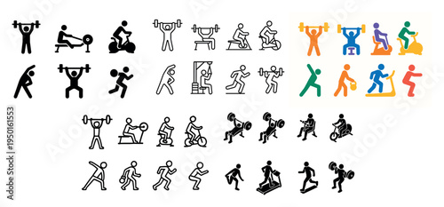 Fitness icons with barbell bike treadmill flat