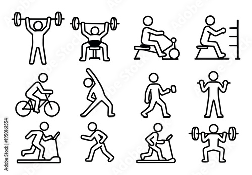 Fitness icons with barbell bicycle treadmill outline
