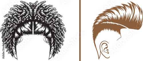 Intricate vector illustrations of a textured braided updo and a modern spiked pompadour fade. High-contrast line art showcasing diverse hair styling for professional salon and barber branding.