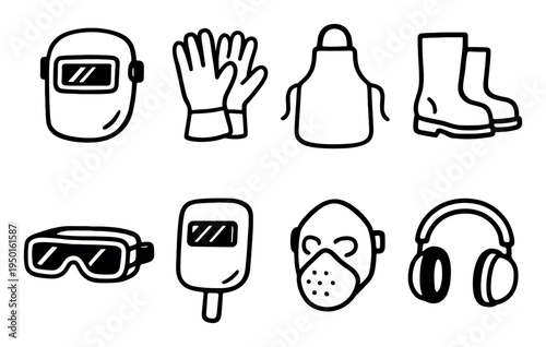 Safety icons with welding helmet gloves outline