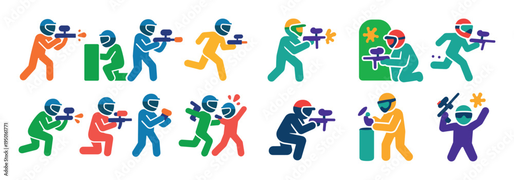 Obraz premium Paintball icons with players and guns colorful