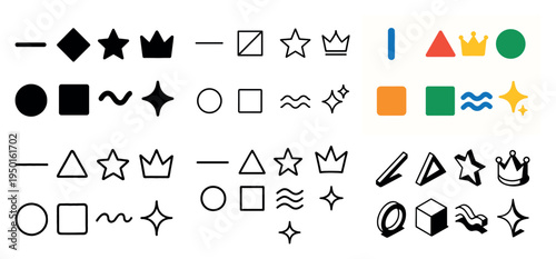 Abstract shapes icons with star circle crown minimal