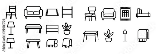 Home furniture icons with chair sofa lamp outline