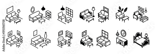 Furniture icons with sofa bed lamp isometric outline