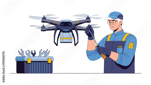 Drone Technician at Work: A skilled technician diligently repairs a drone, with tools at the ready, showcasing the precision and expertise involved in drone maintenance and technological advancement.
