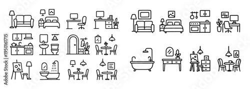Home icons with sofa bed chair minimal outline